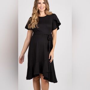 Black Solid Flounce Trim Maternity Dress
